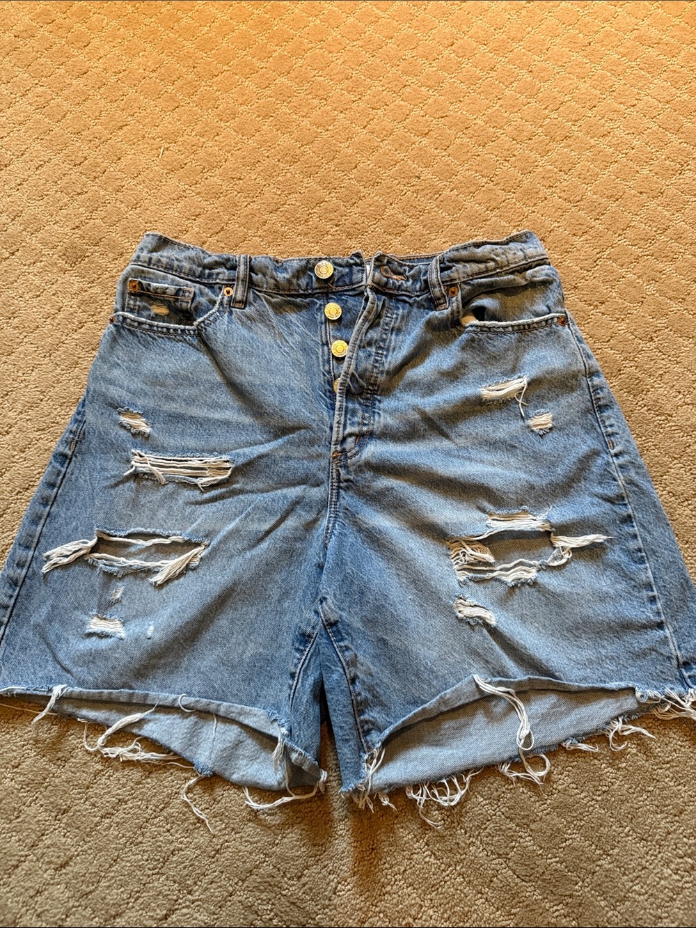 Garage High-Rise Distressed Denim Shorts - Light Blue
